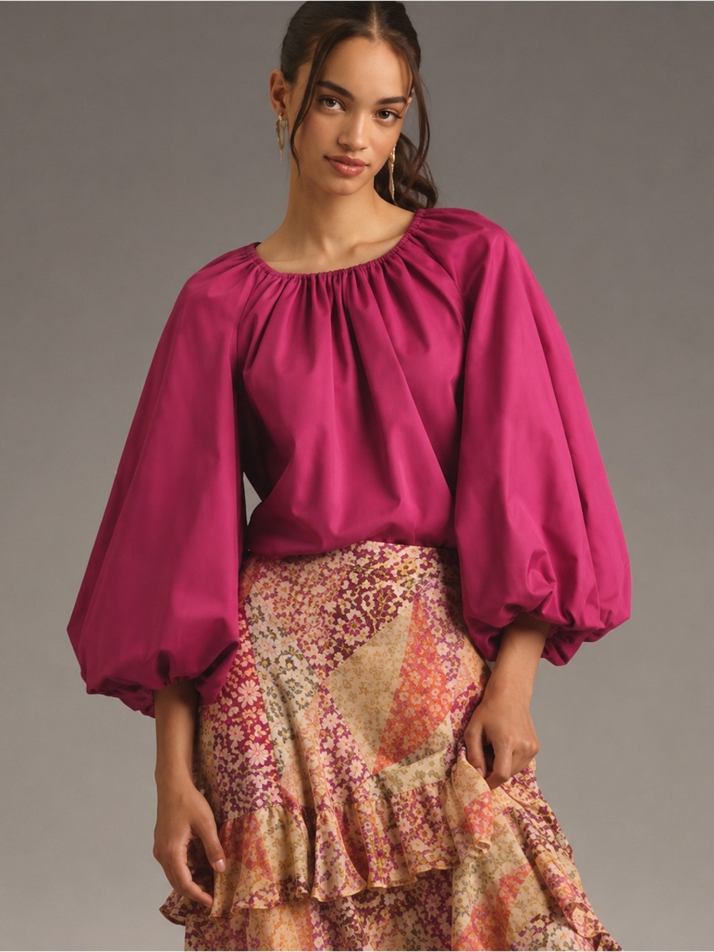Mare Mare Long Balloon Sleeve Crew-Neck Blouse Raspberry Small